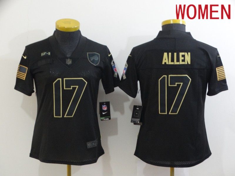 Women Buffalo Bills 17 Allen Black gold lettering 2020 Nike NFL Jersey